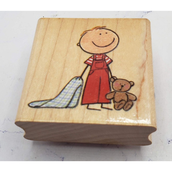 Boy With Teddy Bear And Blanket Creative Beginnings Wood Mounted Rubber Stamp - Picture 1 of 7